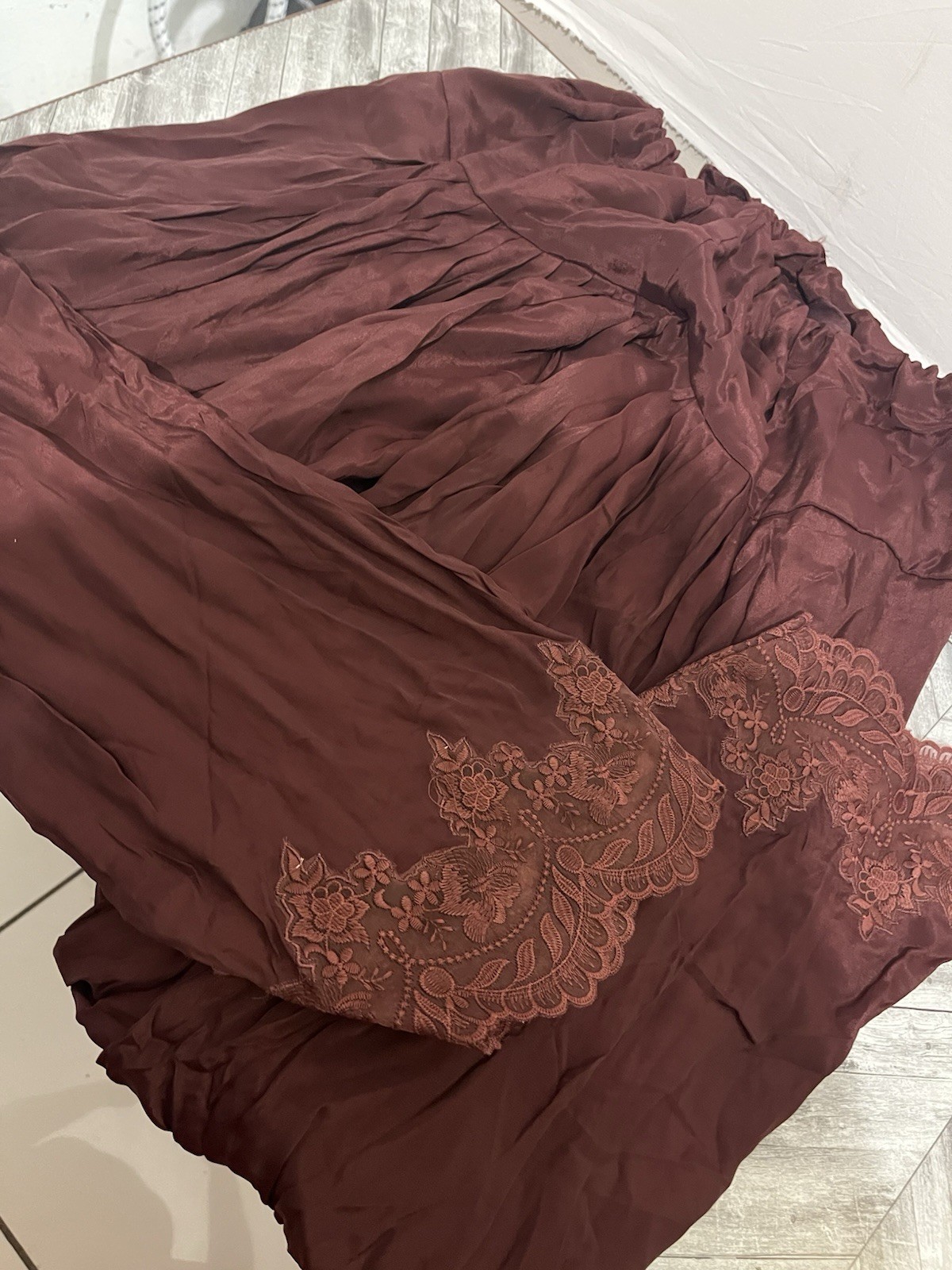 Women’s Brown Solid Harem Pants Rayon Lace Hem Elastic Waist Relaxed Fit S-M