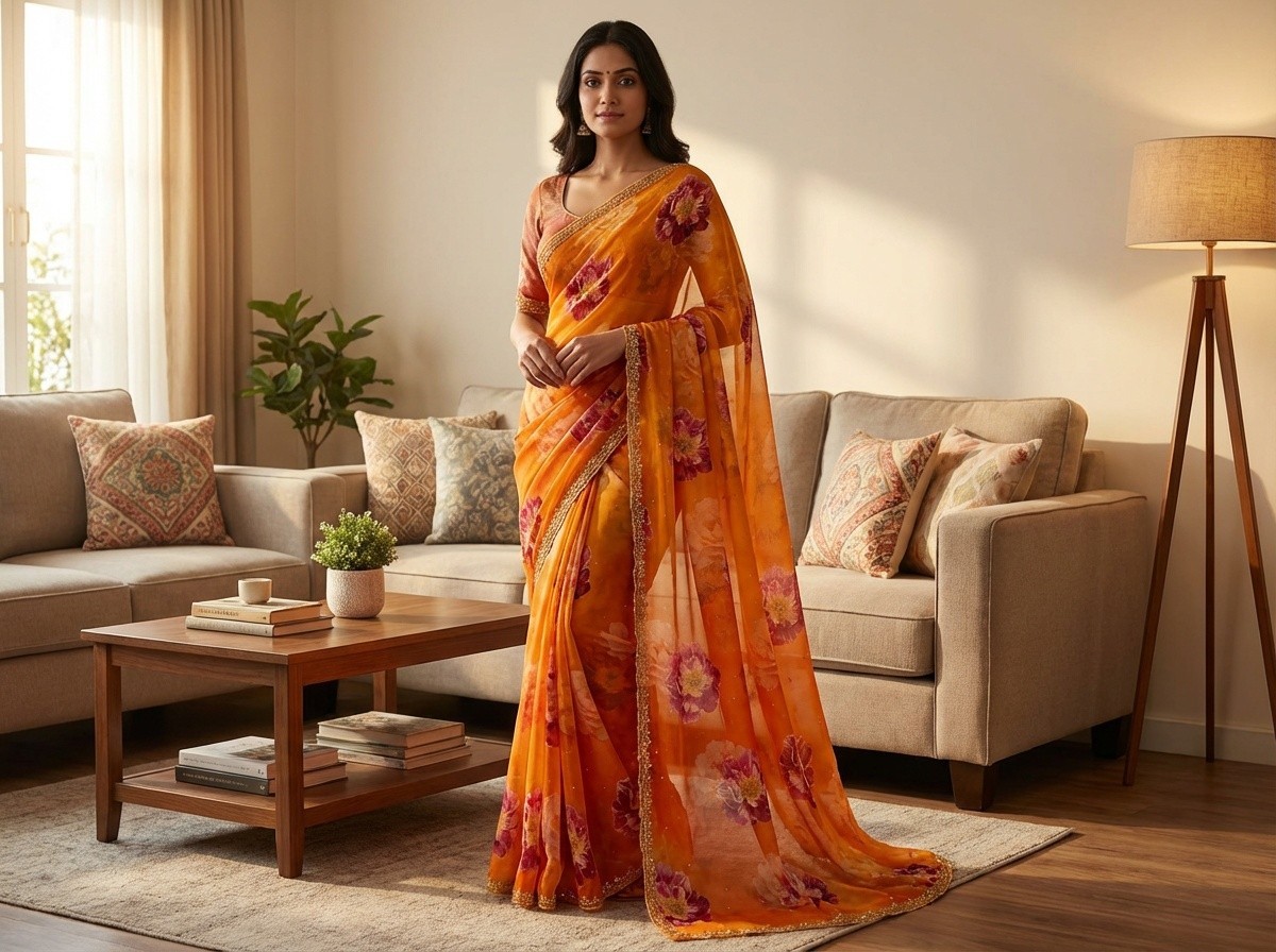 Chiffon Digital Floor Print Saree – Elegant, Lightweight & Trendy Wear