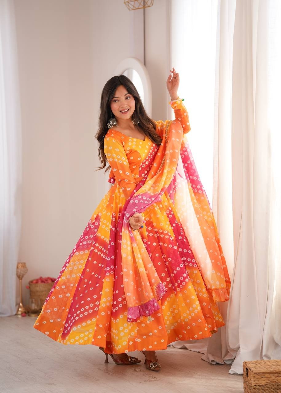 Printed Tabby Organza Gown Pant Dupatta Set Bandhani Flared Anarkali Suit Pack