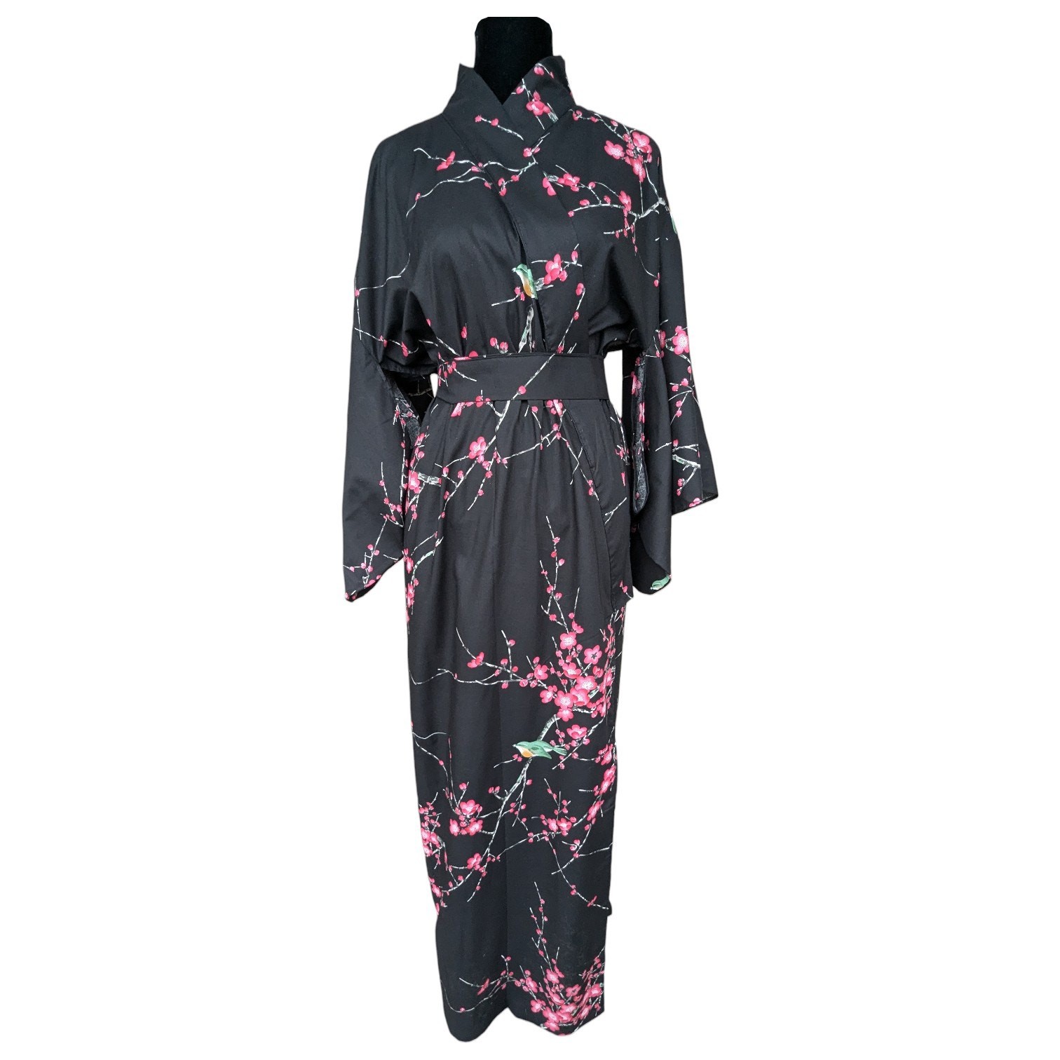NWT Japanese Cotton Kimono Robe Black w/ Cherry Blossom & Bird Print OS