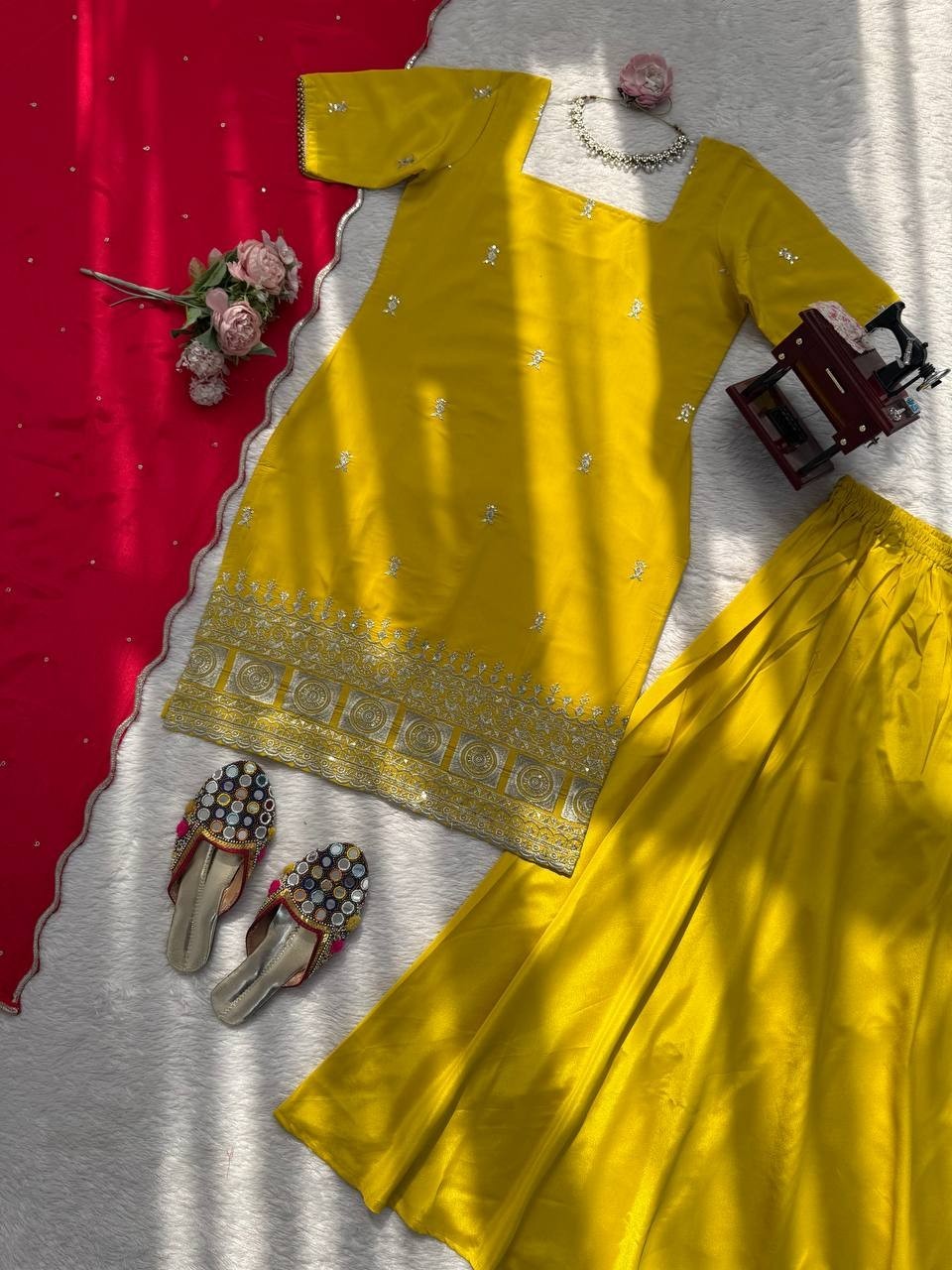 Party Wear Natural Crep Silk Yellow Top Palazzo With Dupatta For Women & Girls