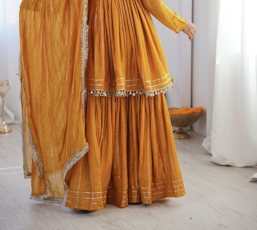 Stylish Look Mal Chanderi Yellow Palazzo Suit With Dupatta For Function Wear
