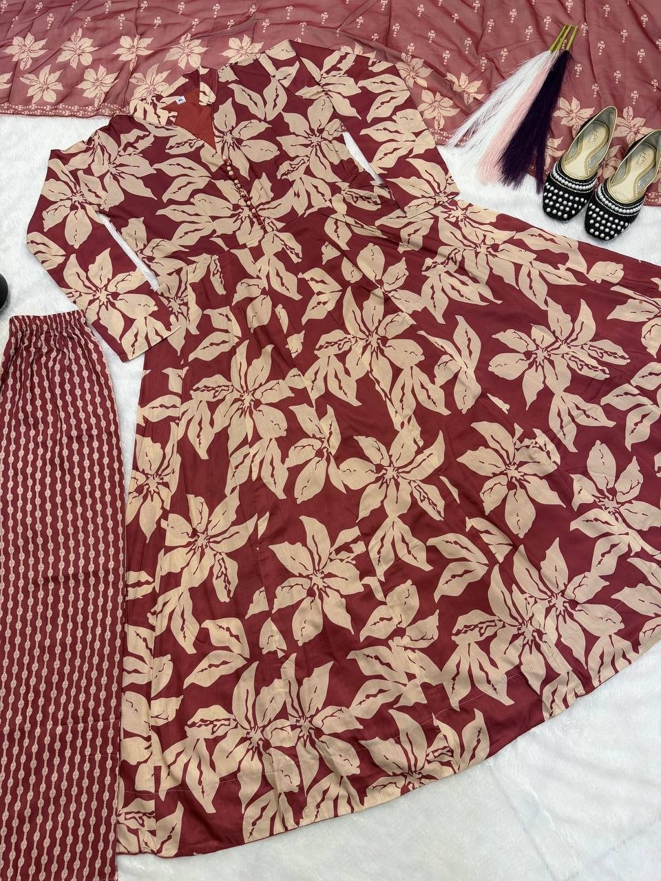 Designer Red Maslin Cotton Gown Bottom With Dupatta For Festive Wear