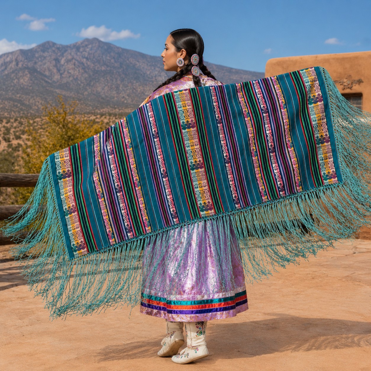 Handmade Native American Dance Shawl Turquoise Woven Serape Style 27″ x 60″