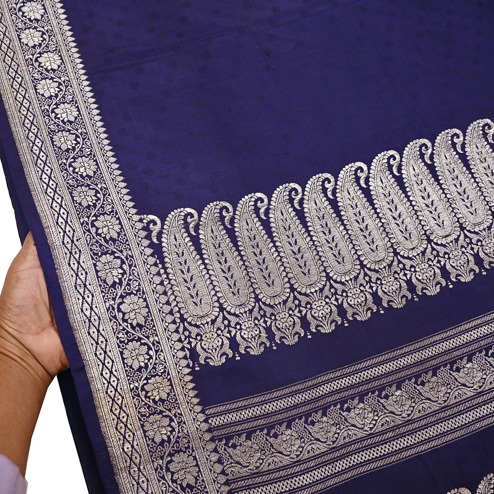 Vintage Banarasi Saree Pure Satin Silk Woven Brocade Zari Fabric Blue Heavy 5yd