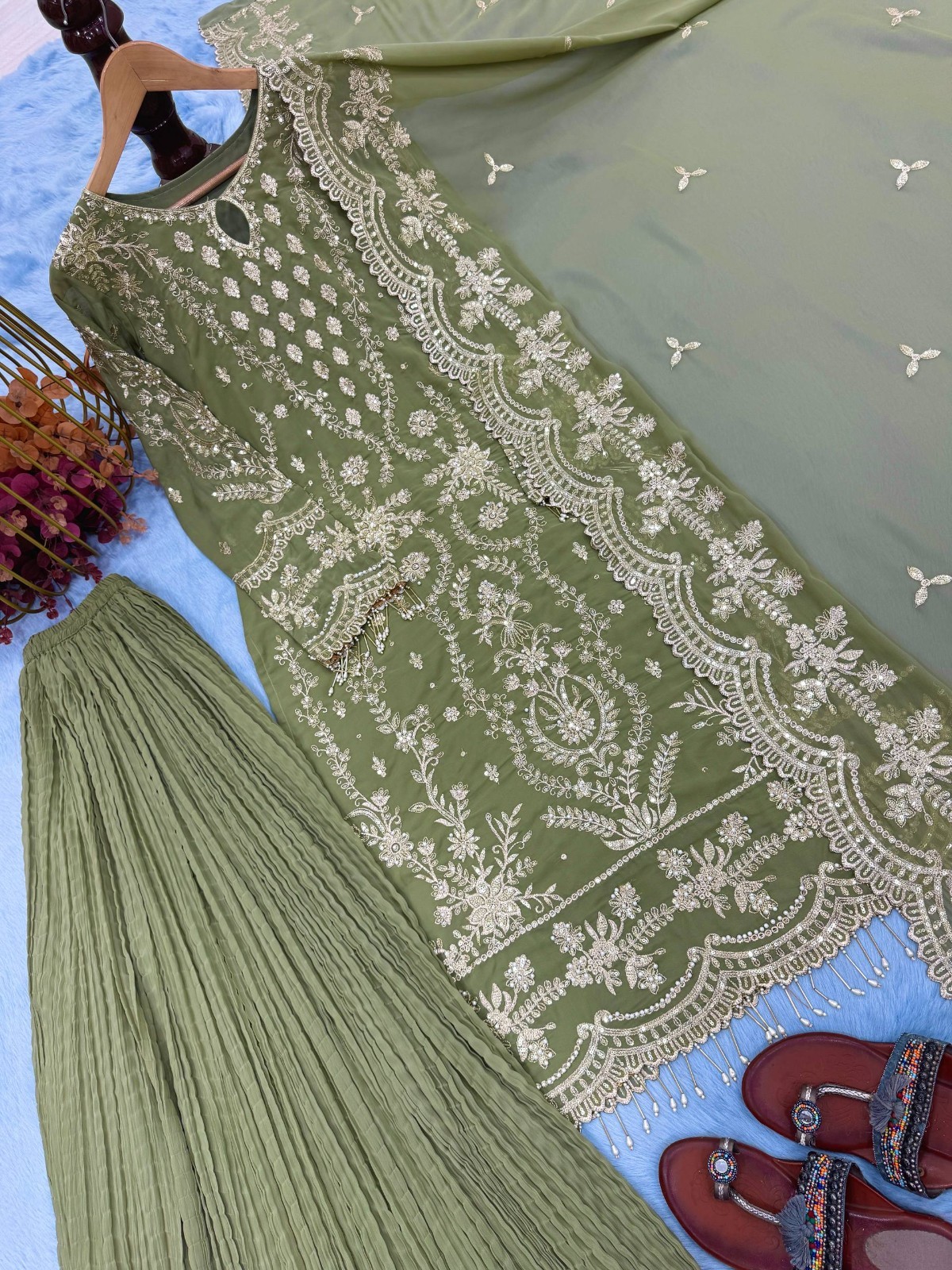 Latest Heavy Georgette Sage Green Top Palazzo With Dupatta For Reception Wear