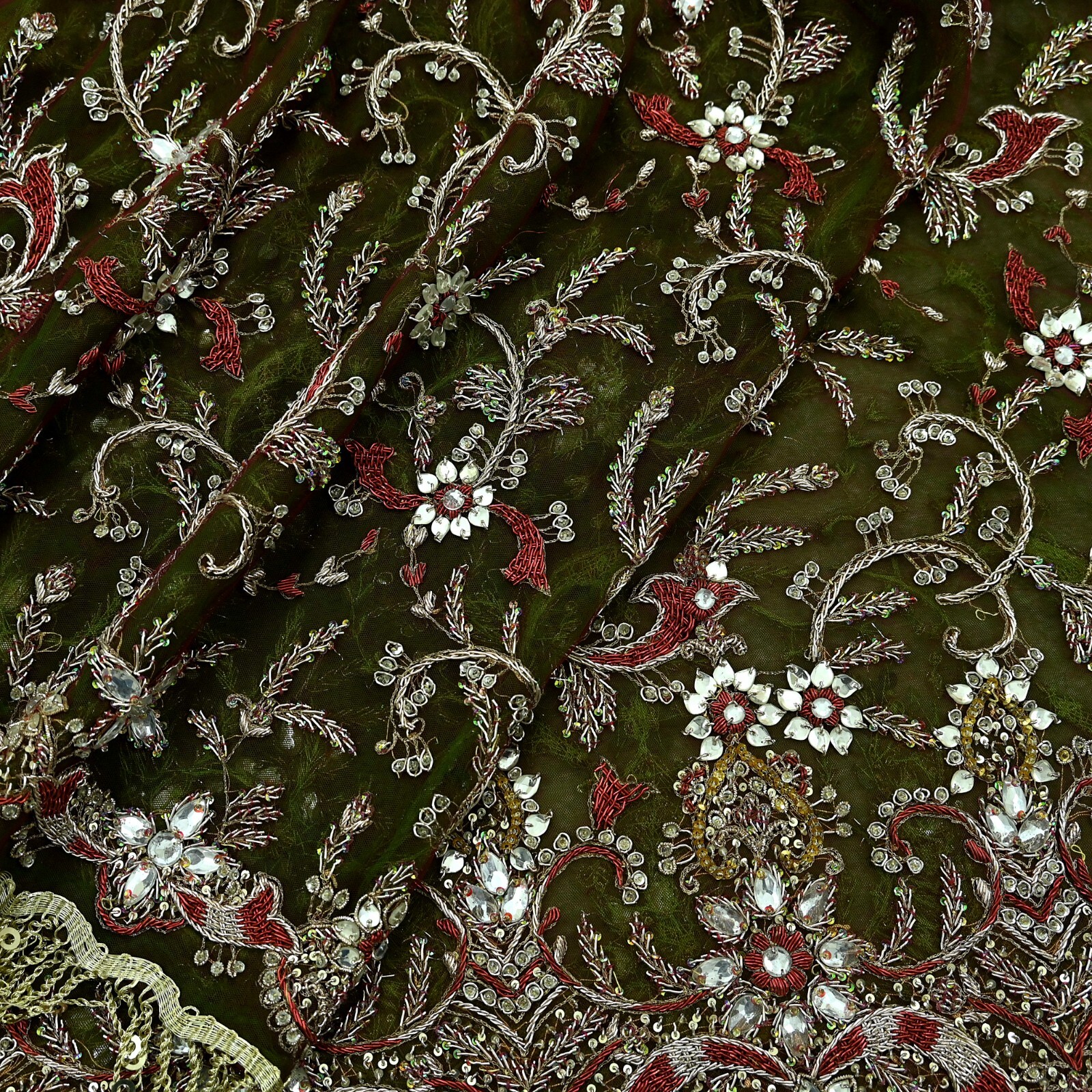 Vintage Heavy Green & Maroon Dupatta Net Mesh Long Stole Hand Embroidered Veil