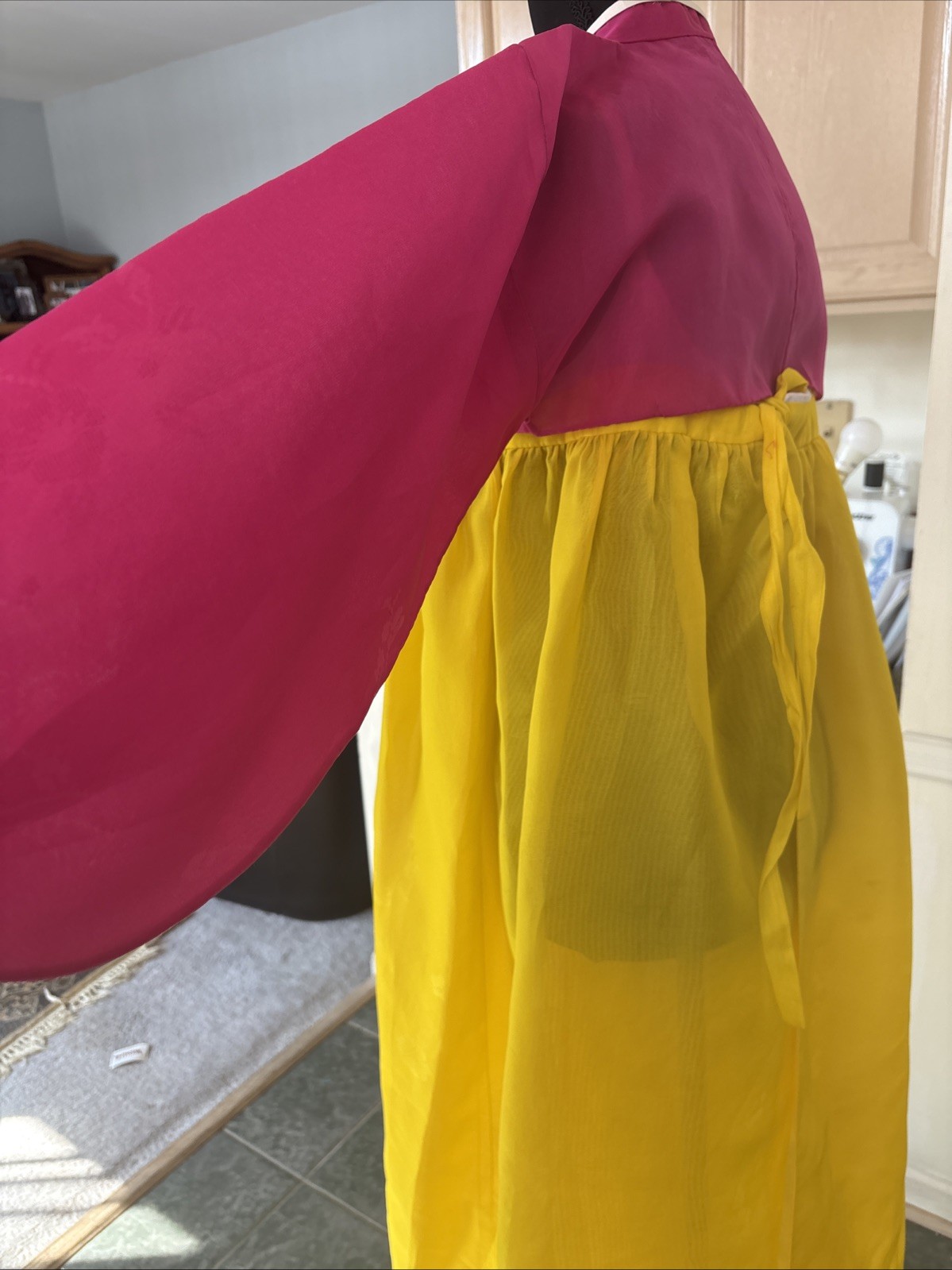 Korean Hanbok Set Pink Jeogori Yellow Skirt S/M Korea Handmade