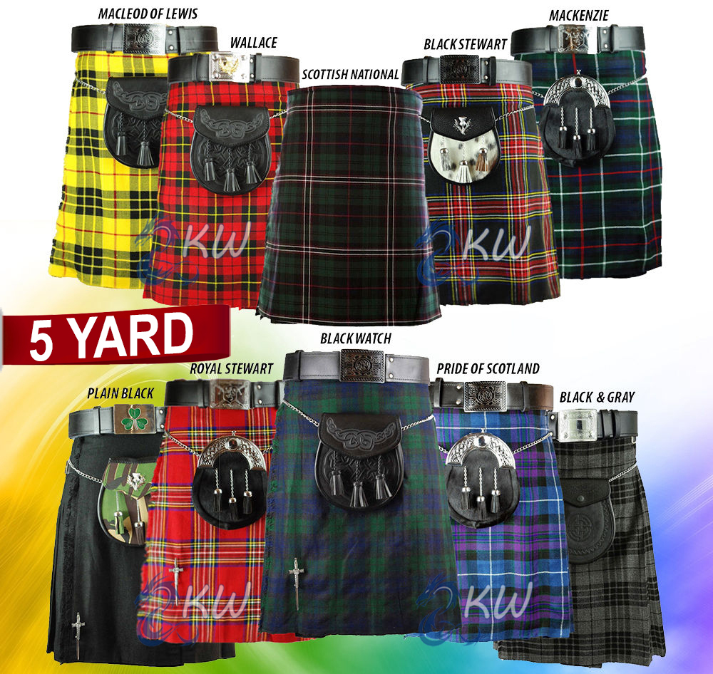 MEN’S 5 YARD SCOTTISH KILTS TARTAN KILT HIGHLAND TRADITIONAL KILT 18 TARTANS