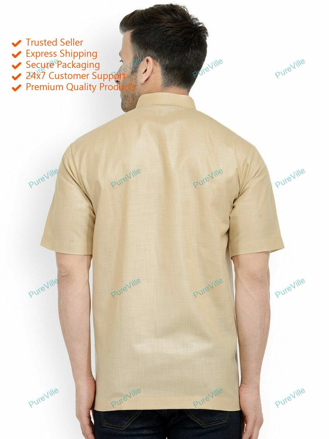 Mens Kurta Traditional Mens Wear Golden Cotton Solid Kurta Half Sleeve S 7XL