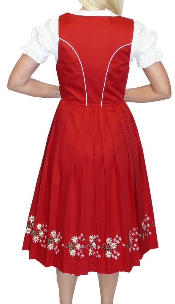 L 16 Long RED Long German Dirndl Dress EMBROIDERED Oktoberfest Waitress 3 PIECES