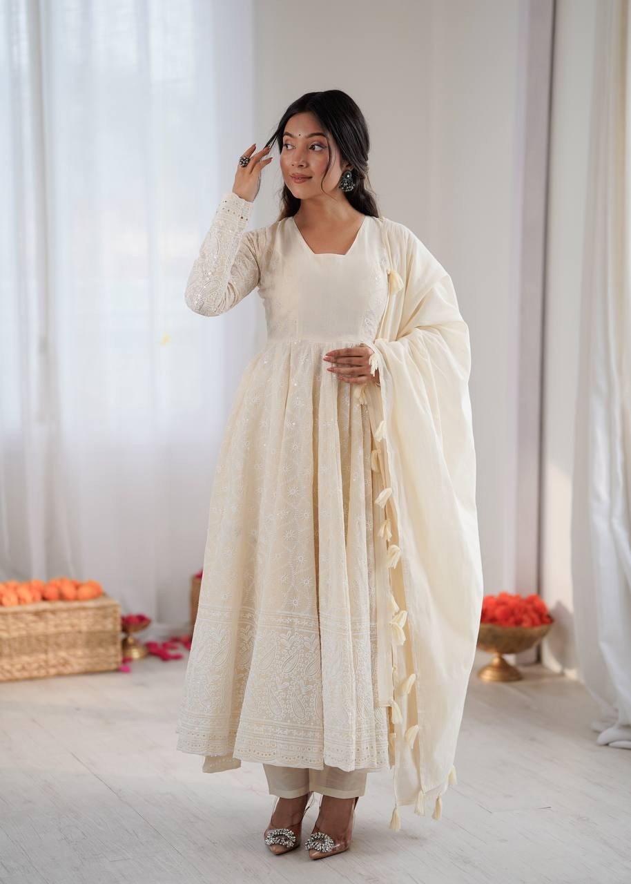 Beautiful Pure Kora Cotton Off White Gown Bottom With Dupatta For Party Wear