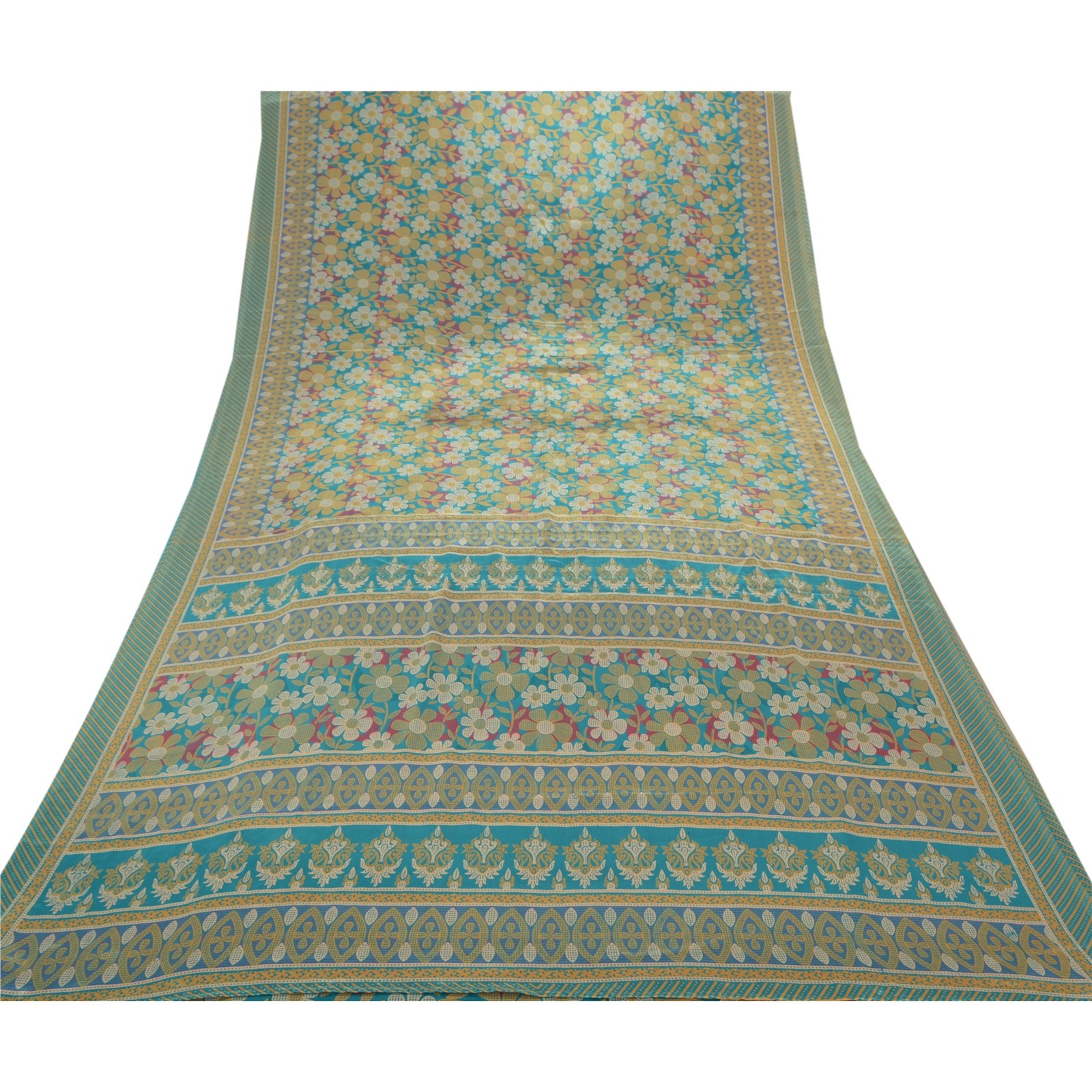 Sanskriti Vintage Green Sarees Moss Crepe Printed Sari Floral 5 Yd Craft Fabric