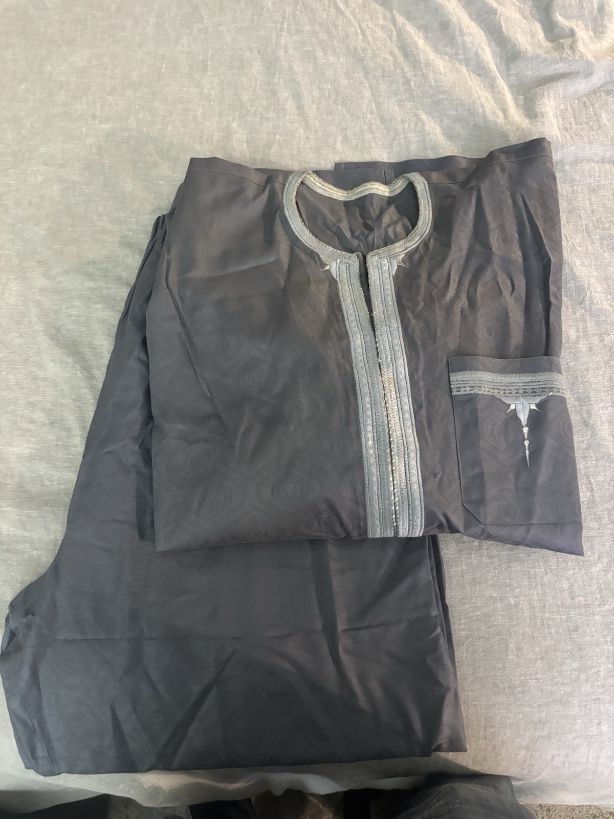 African Clothing Men Brocade Pant Suit Dashiki Grey / Silver Patterned XL
