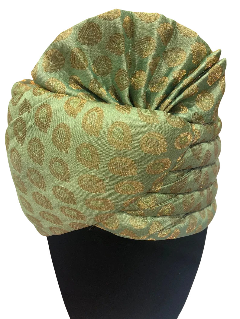 Thalapa Pista Green with Golden Pattern Safa Turban/Pagdi/Premade Pagdi for Men