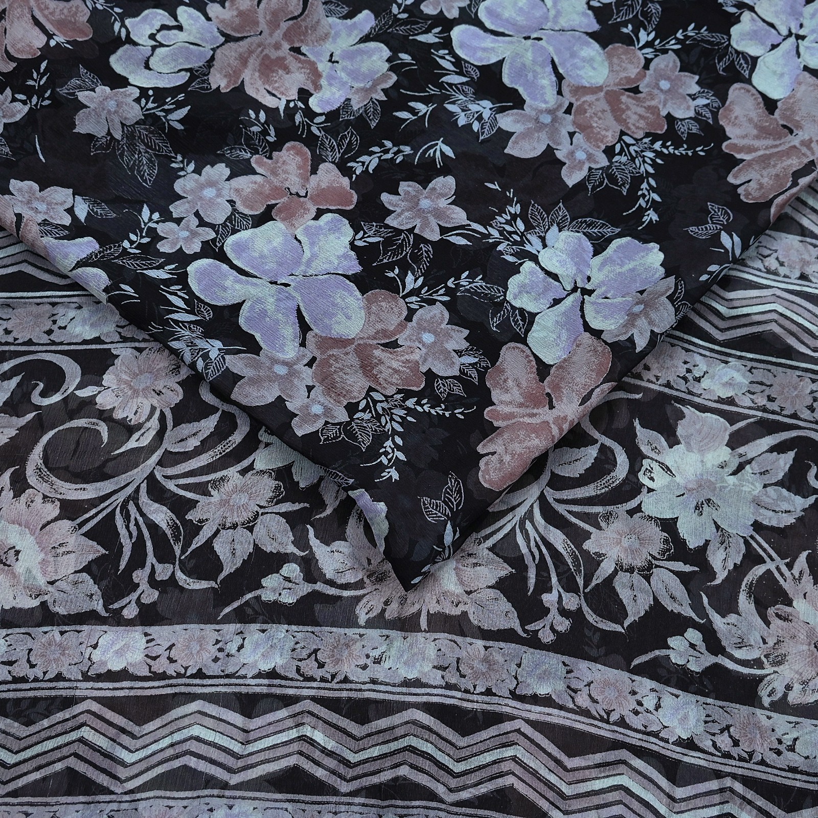 Vintage Saree Black Pure Chiffon Silk Printed Sari Craft Fabric Sewing 5Yd Soft