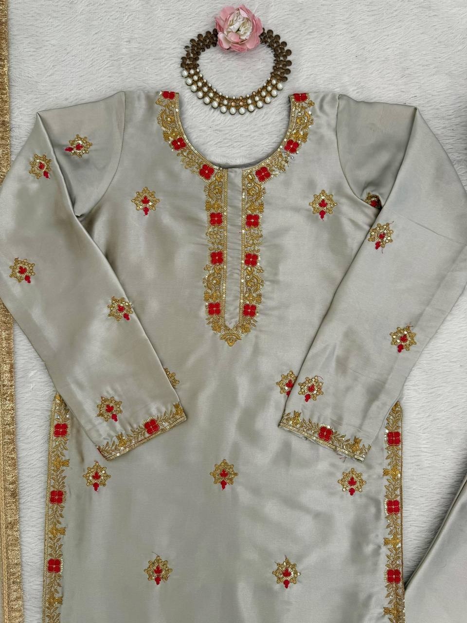 Beautiful Zapan Satin Silk Cream Palazzo Suit With Dupatta For Indian Party Wear