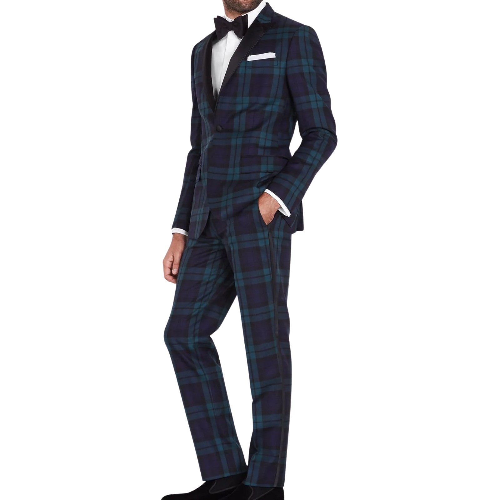Mens Tartan Plaid Blazer Formal Dinner Jacket Satin Lapel Check Pattern Coat