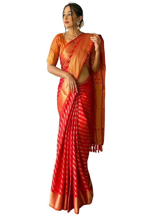 Women’s Soft Lichi Silk Banarasi Saree Pink Jacquard Zari Woven With Blouse