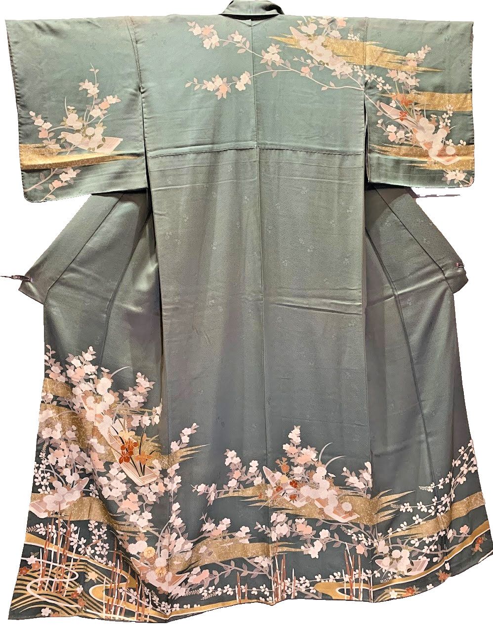Silk Houmongi Kimono Green M 62in Floral Gold Jimon Japanese Vtg READ AS IS