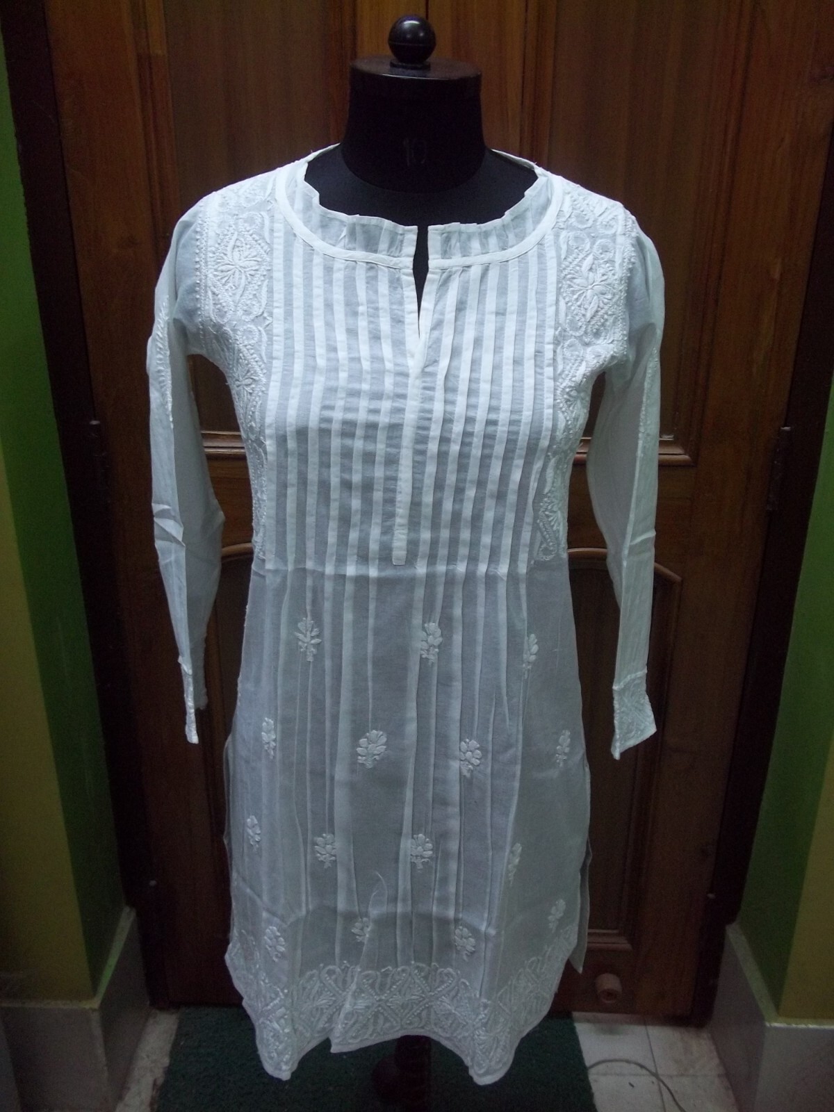 ELEGANCE SHIRT ETHNIC XS 36″ HANDMADE 100% COTTON TOP KURTA CHIKAN EMBROIDERY