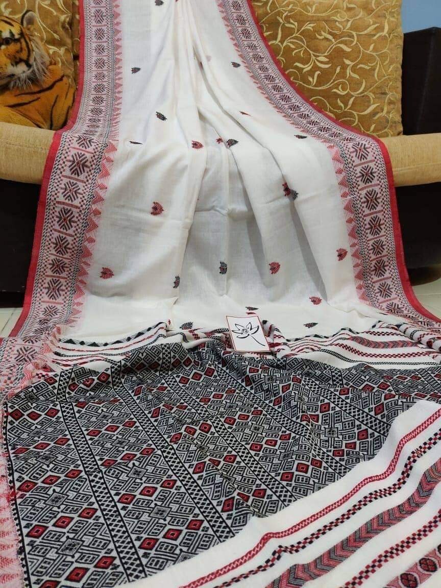 Assam Handwoven Khadi Cotton Saree Pure Mercerized Cotton Saree, Blouse Piece