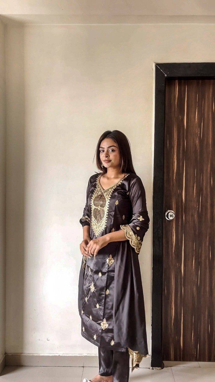 Function Wear Black Malay Satin Silk Salwar Kameez With Dupatta For Women