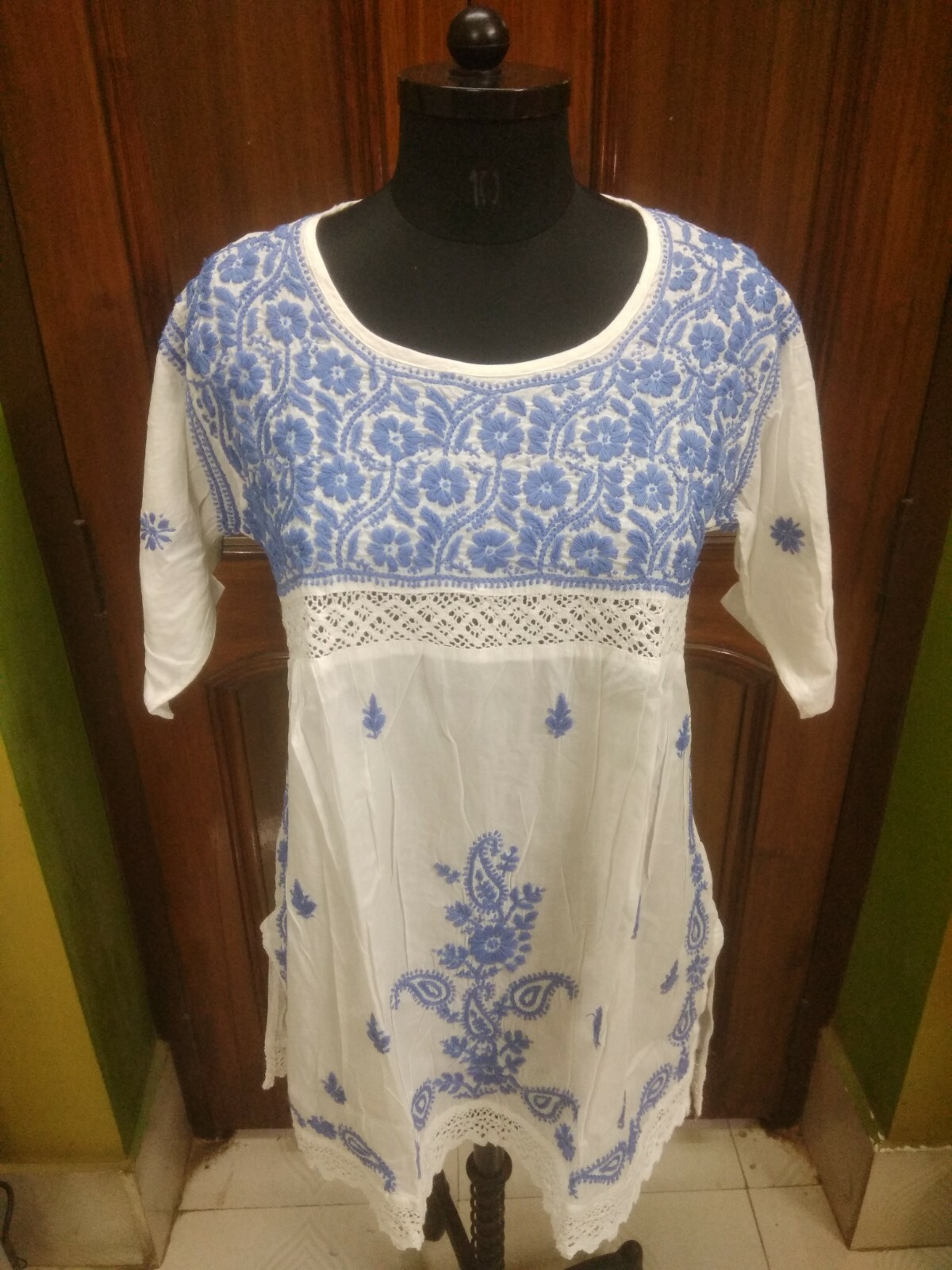 KURTA KURTI SHIRT L 43″ ETHNIC CHIKAN EMBROIDERY 100% COTTON HANDMADE TOP TUNIC