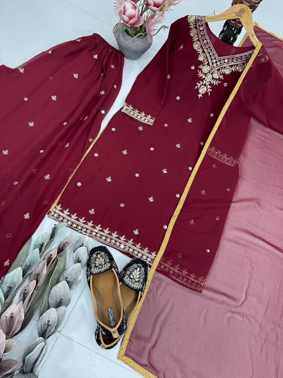 New Heavy Faux Georgette Maroon Top Palazzo With Dupatta For Ethnic Wear