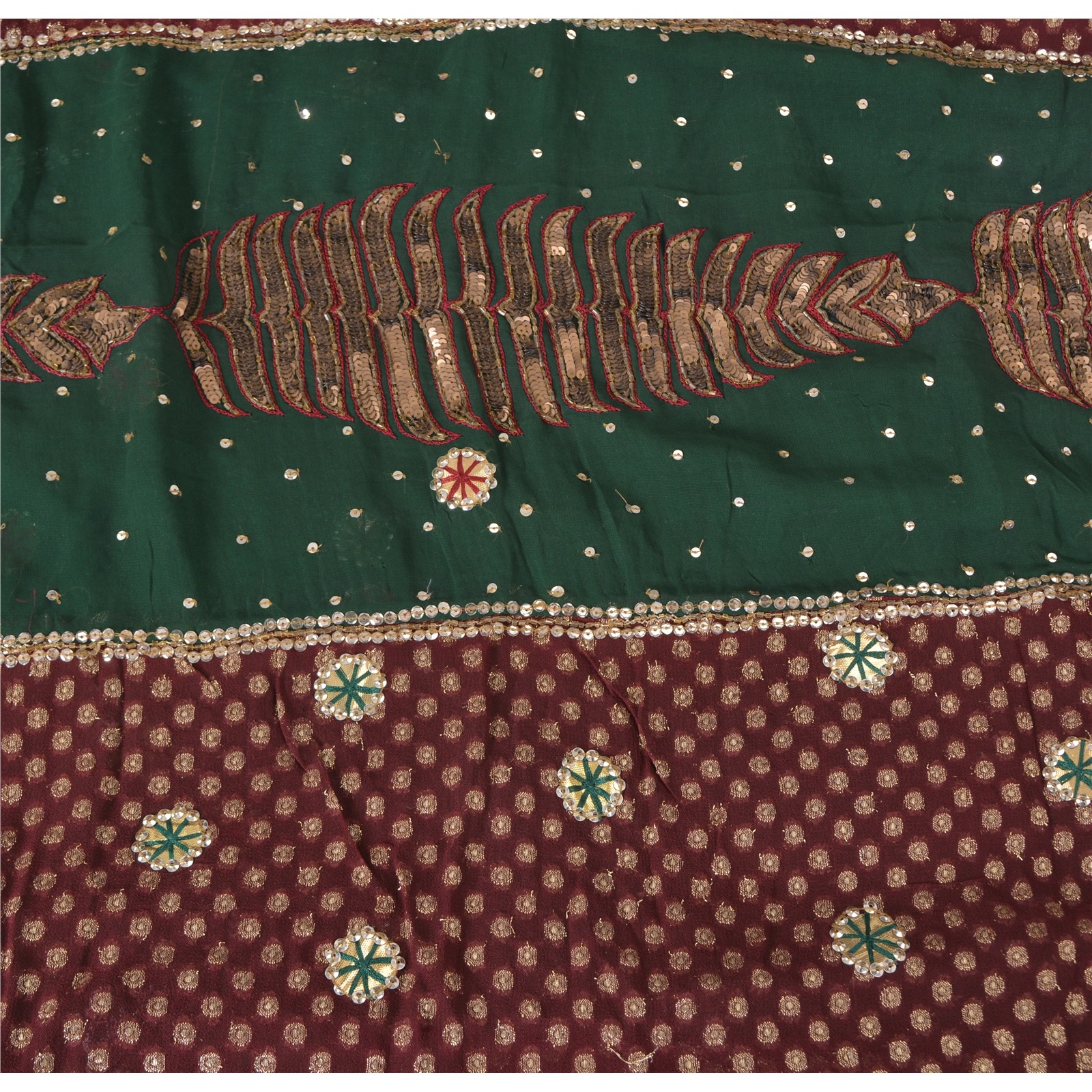 Sanskriti Vintage Green/Brown Sarees Pure Georgette Silk Hand Beaded Fabric Sari