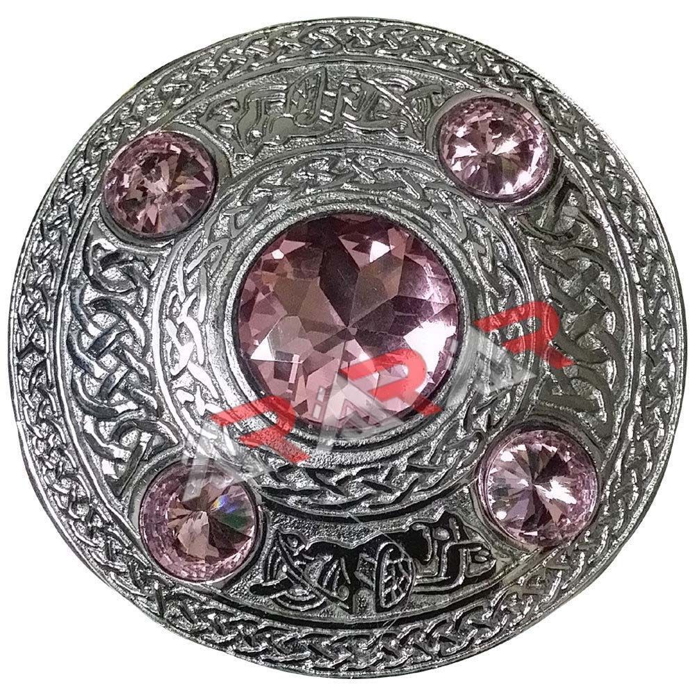 Fly Plaid Brooch Pink Stone AAR Celtic Kilt Silver Finish 4″Scottish/Highland