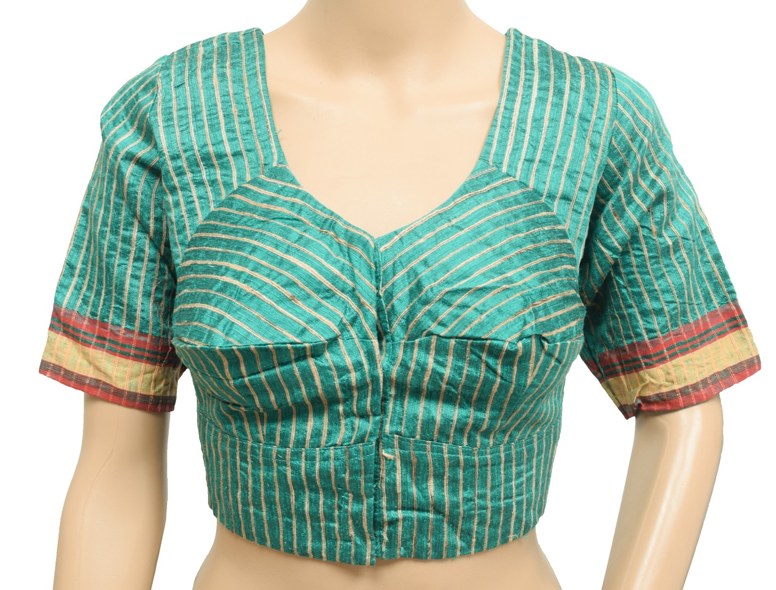 Sushila Vintage Aqua Green Stitched Sari Blouse Stripes Woven Designer Silk Top