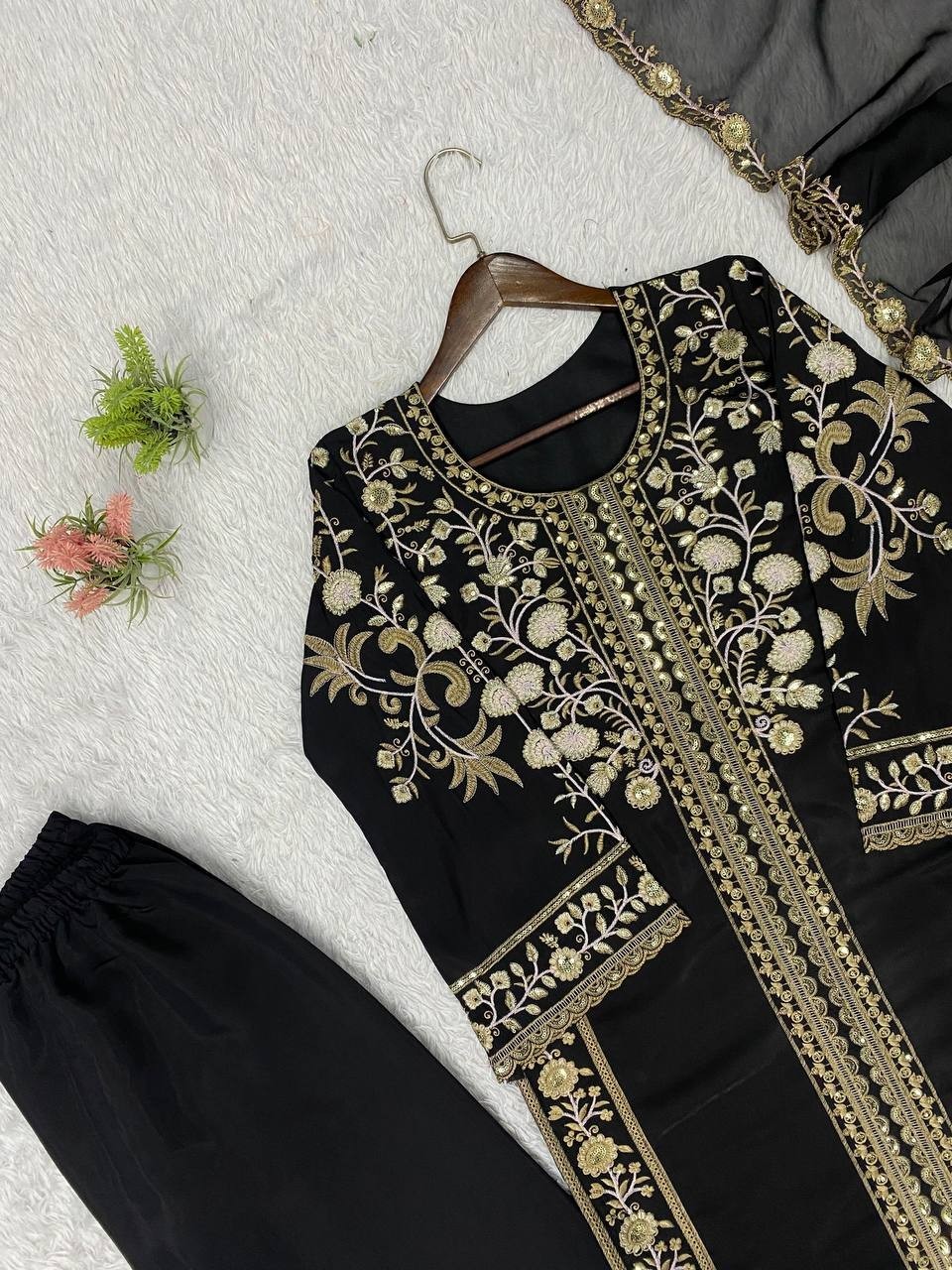 New Designer Black Roman Kurta Palazzo With Dupatta For Party Wear
