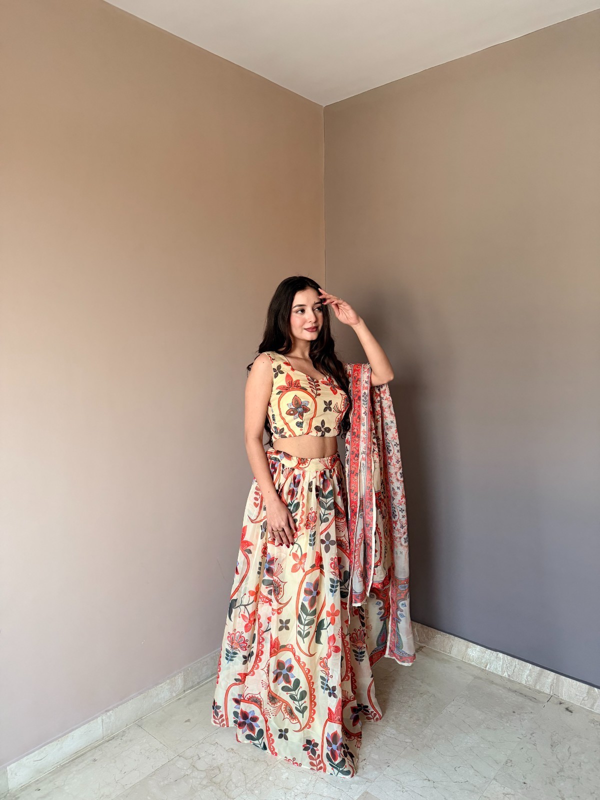 Pure Organza Floral Printed Lehenga Choli Set Intricate Hand Work Sleeveless