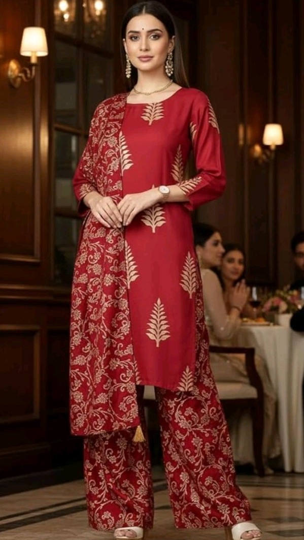 Kurti Palazzo Pant with Dupatta Suit Set for Women Red, Sz L (42)