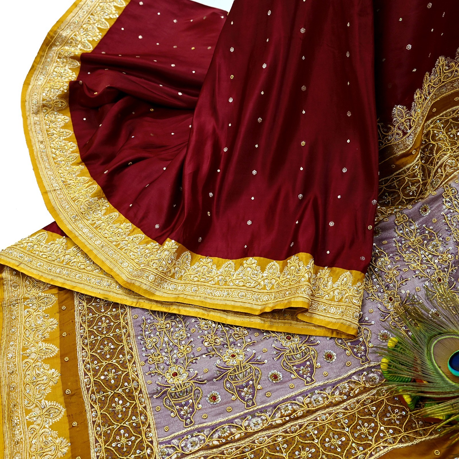 Vintage Heavy Saree Pure Satin Silk Hand Embroidered Banarsi Brocade Sari Dabka