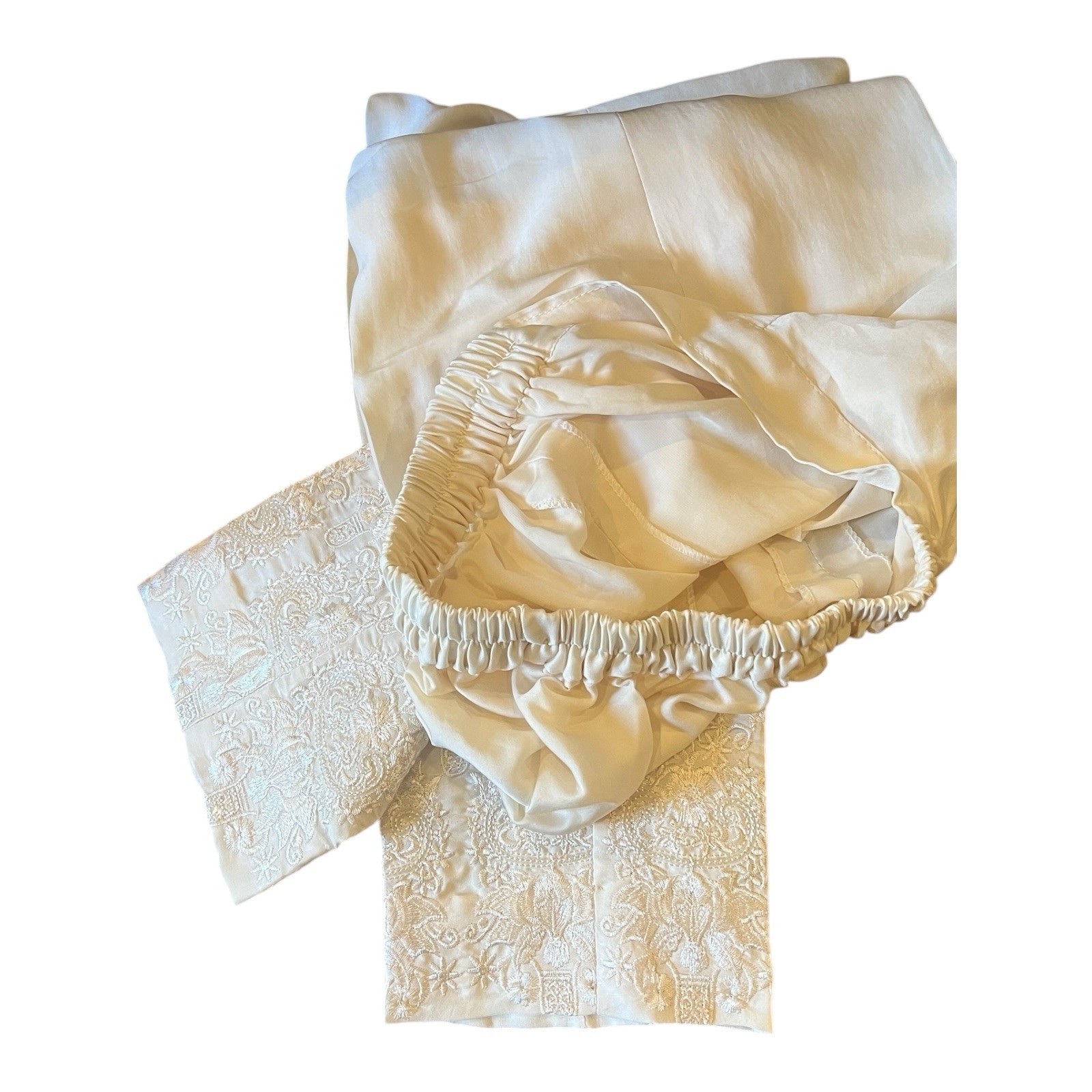 Embroidered Sequin Pakistani Indian Pants CREAM WHITE Ivory Culottes Faux Silk
