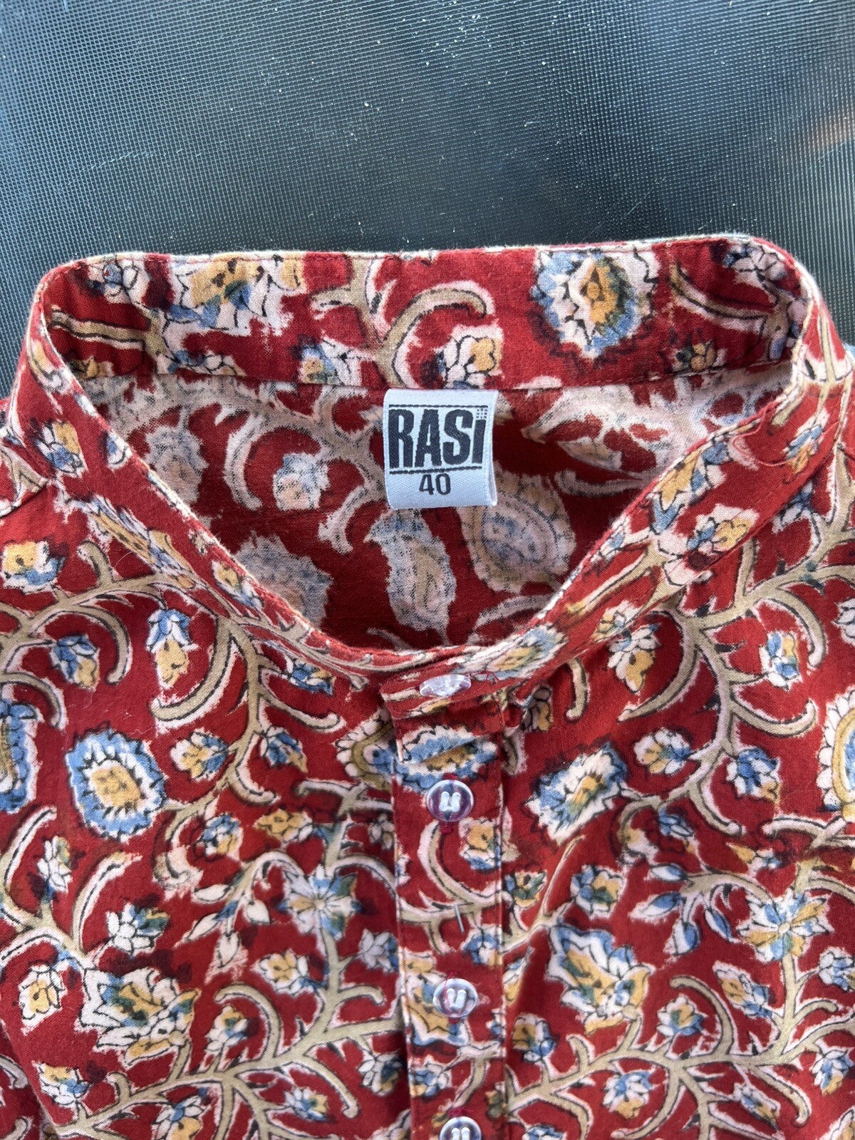 Rasi 100% Cotton Block Printed Red Stylized Floral Kurti Size 40 Unisex Pockets