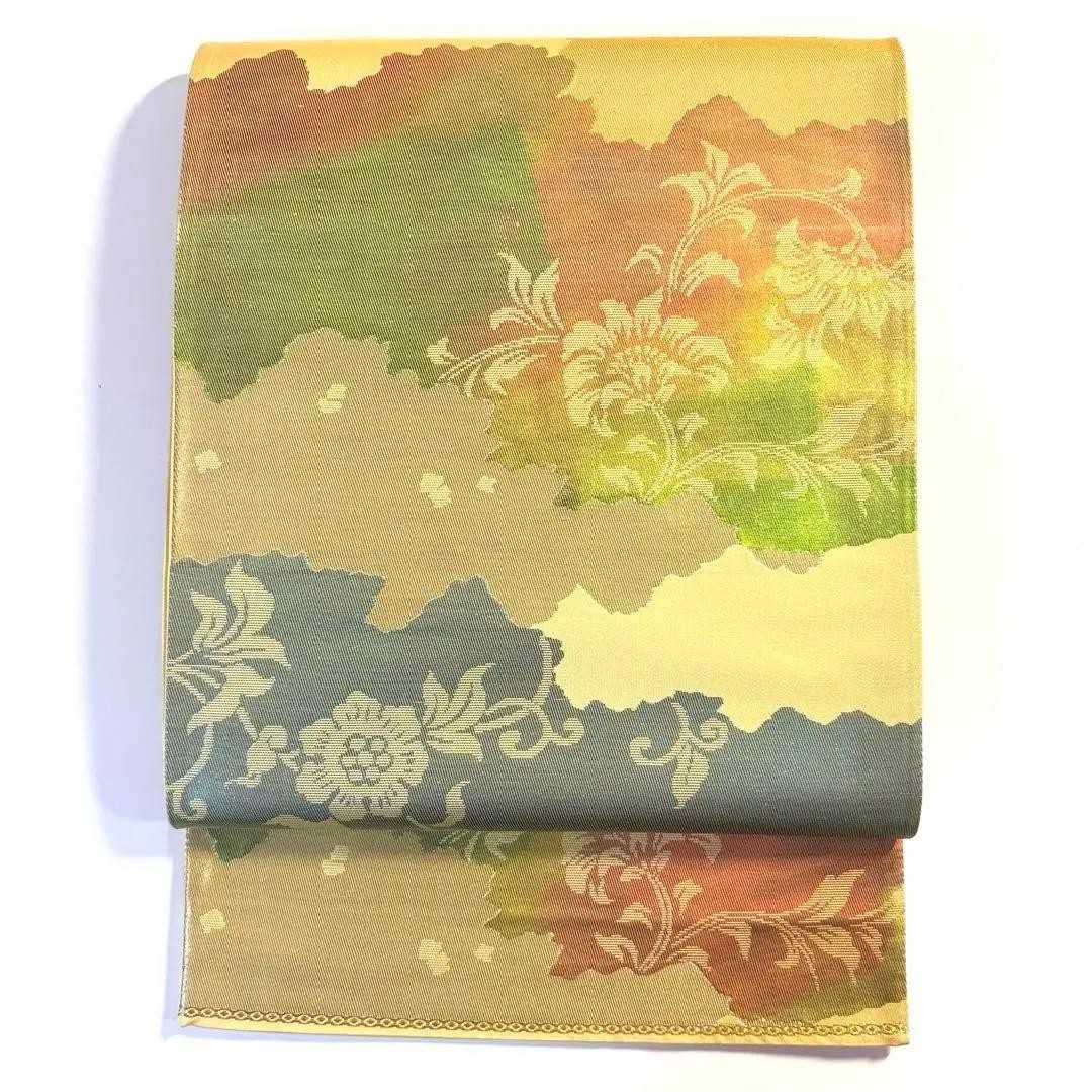 Silk Fukuro Obi Gold Beige Green Red Floral 414cm Japanese Kimono Used