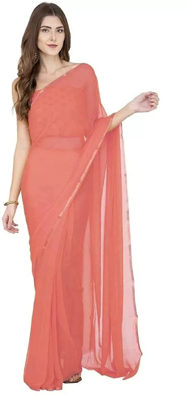 Women’s Pure Chiffon Saree Peach Golden Border Formal & Casual Wear Saree 1 Pcs