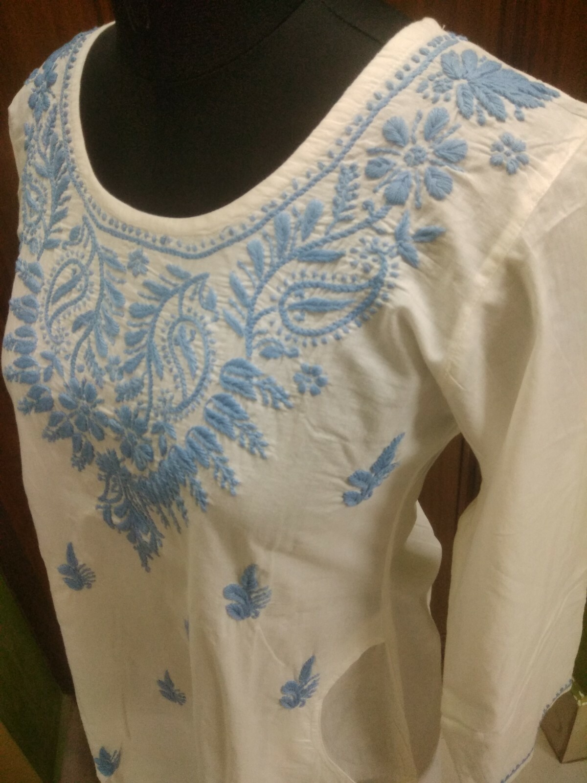 SIDE POCKET 100% COTTON XS 37″ TUNIC CHIKAN EMBROIDERY HANDMADE KURTA TOP KURTI