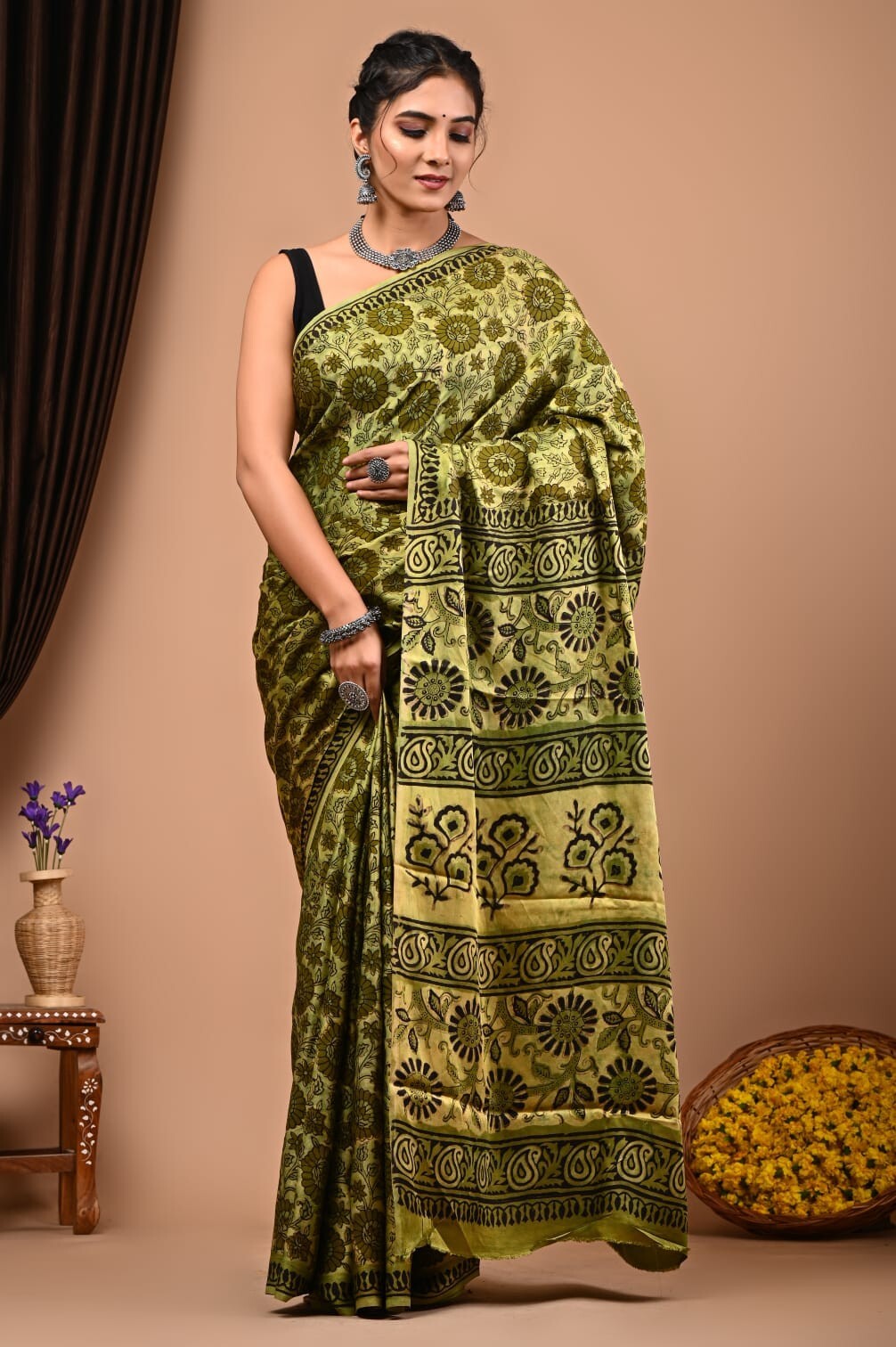Natural Dye Vegetable Hand Block Print Saree, Pure Modal Silk Saree