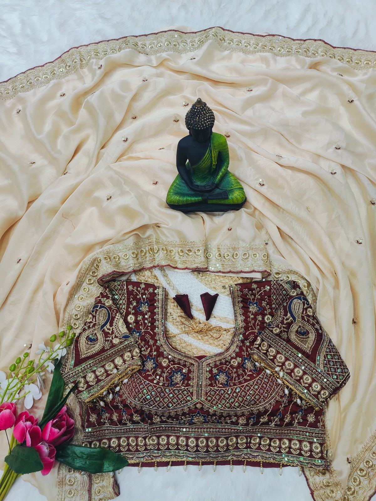 Off White Organza Saree Heavy Embroidered Designer Maroon Blouse Wedding Wear