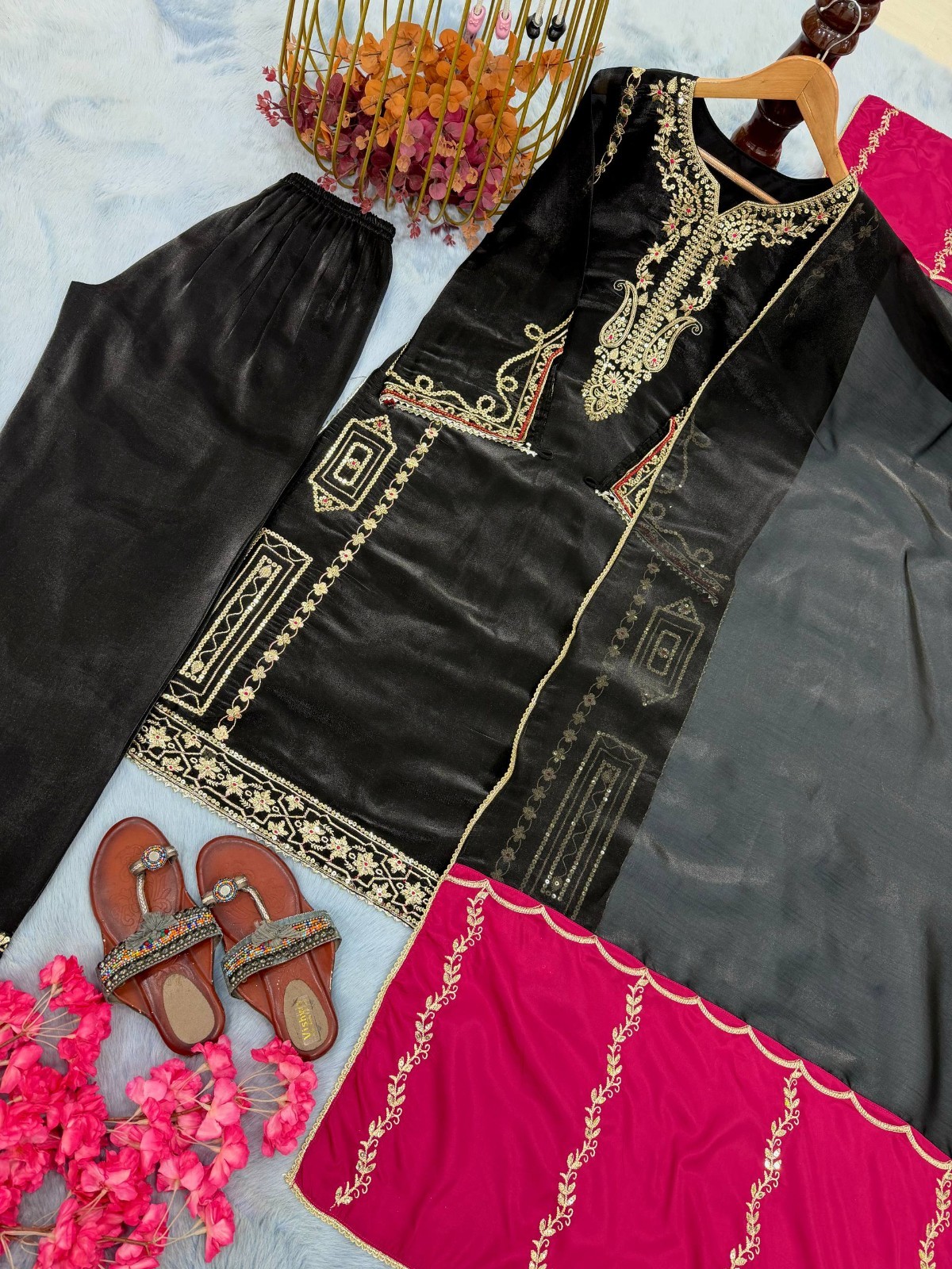 New Presenting Silk Black Salwar Kameez With Dupatta For Indian Festival Wear