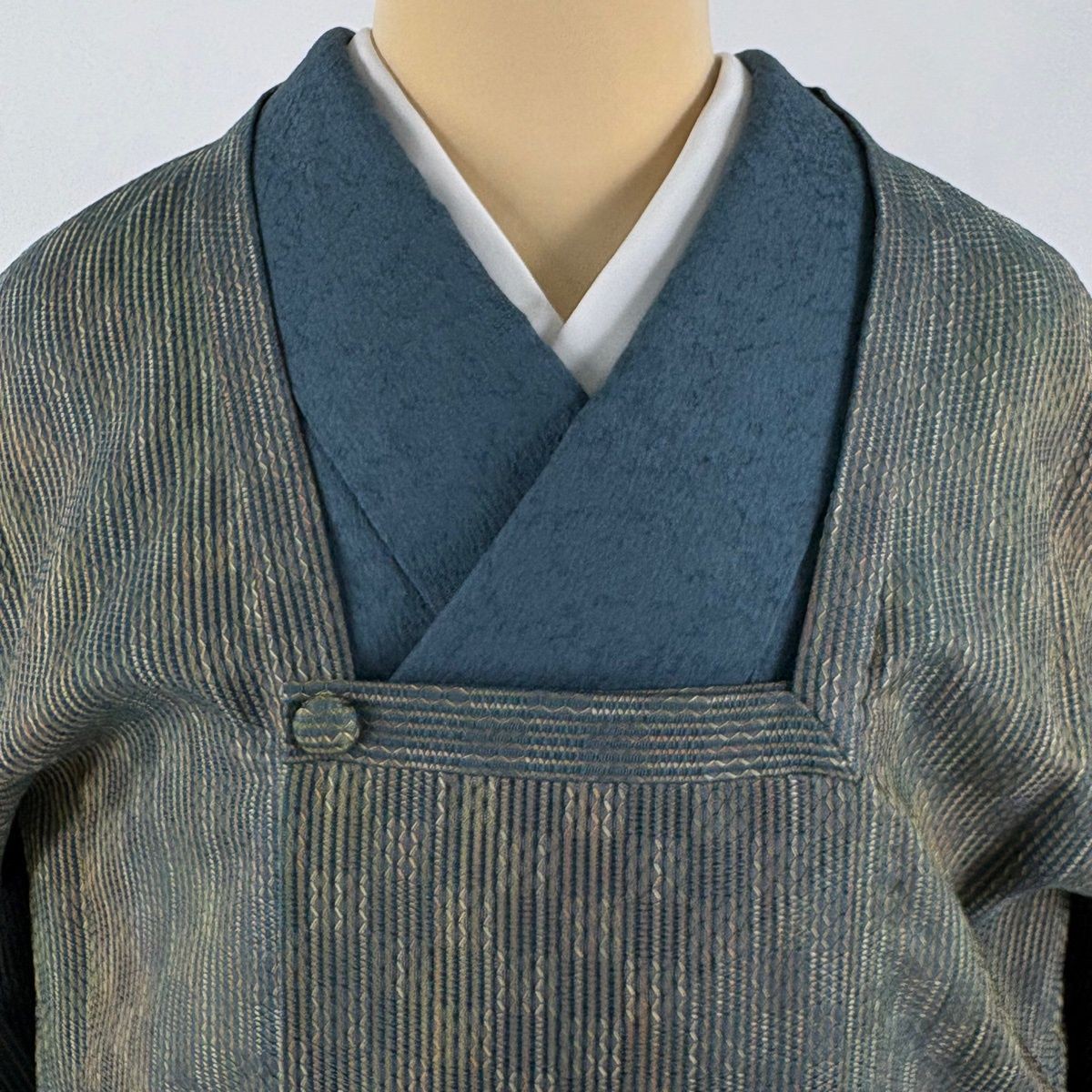 Kimono Textile Stripe Gray Green Silk 105cm M Japanese Textile