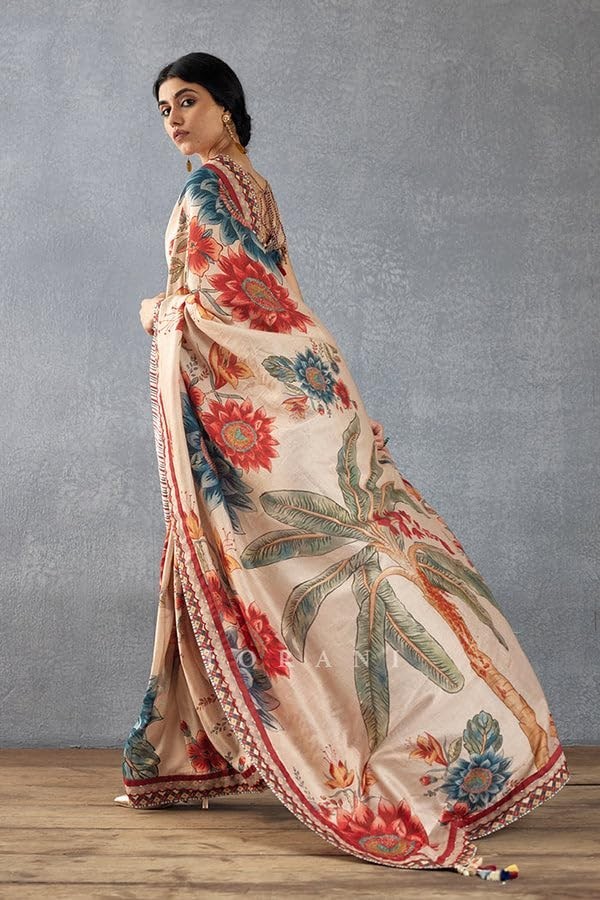 Women’s Farewell Floral Print Sarees With Lace Border & Unstitched Blouse Piece