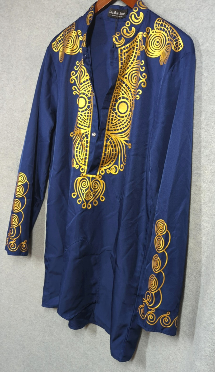 New LUC MATTON Tunic Shirt Men S African DASHIKI Tribal Blue Gold Long Sleeve
