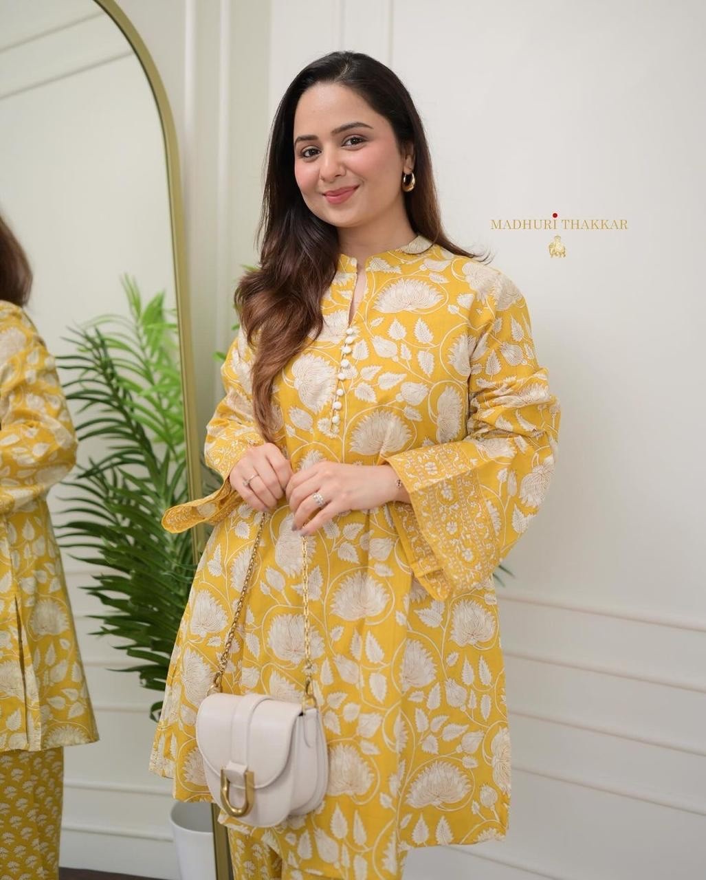 Women’s Kurta Pant Set – Yellow & Green Cotton Floral Print Ethnic Wear
