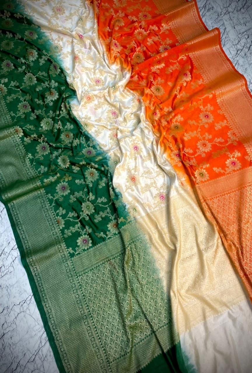 Banarasi Chinia Silk Saree Tricolor Tiranga Zari Weaving Party Wear Sarees
