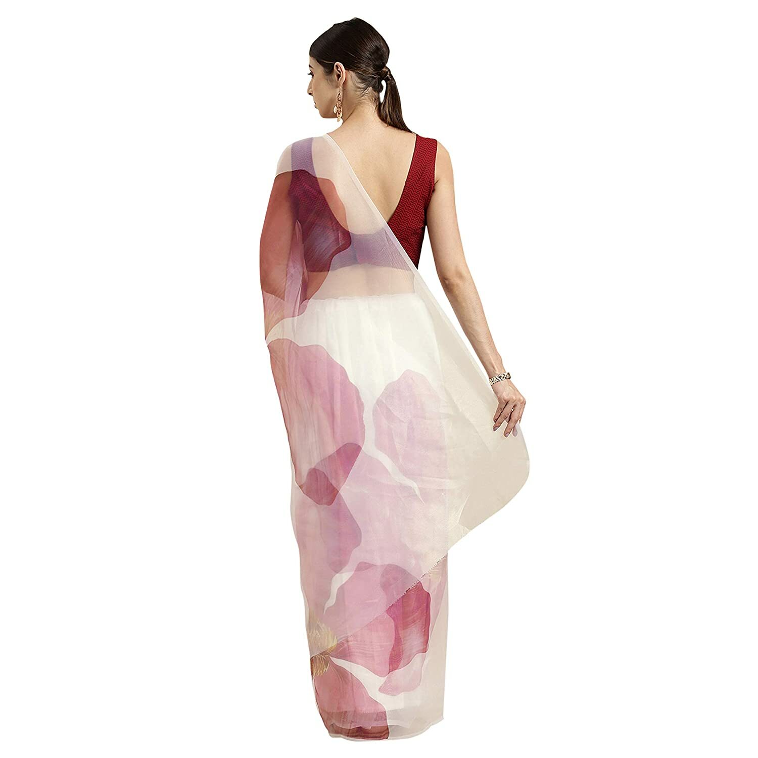 New Womanista Women’s Crepe Saree with Blouse Piece (Off White & Pink Onesize)